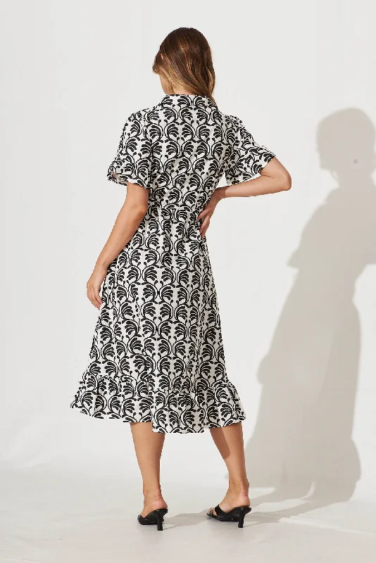 Aiken Midi Dress In Black With White Print Cotton