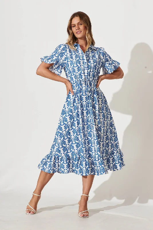 Aiken Midi Dress In Blue With White Print Cotton