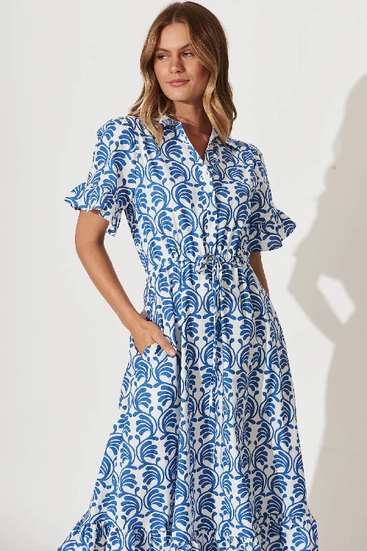 Aiken Midi Dress In Blue With White Print Cotton