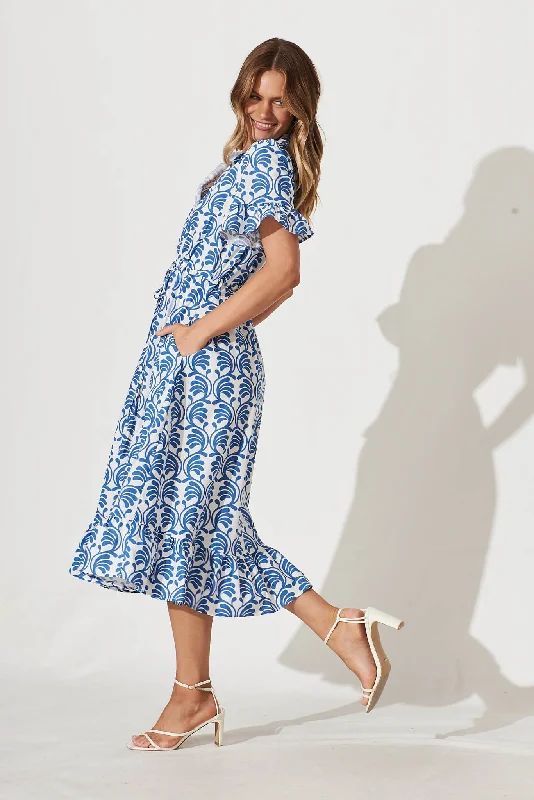 Aiken Midi Dress In Blue With White Print Cotton