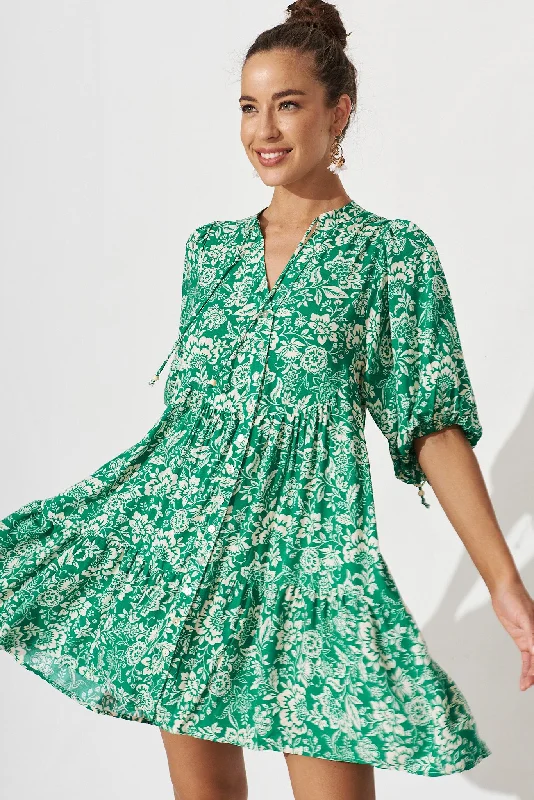 Aine Smock Dress In Green With Cream Floral