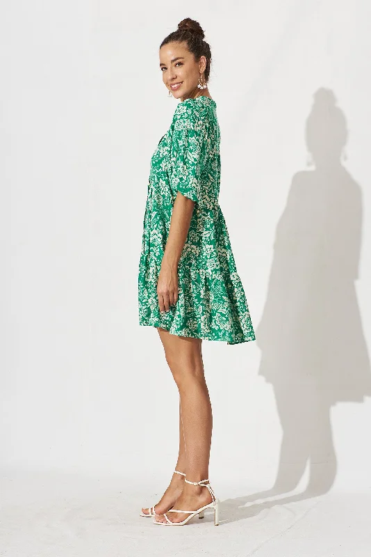 Aine Smock Dress In Green With Cream Floral