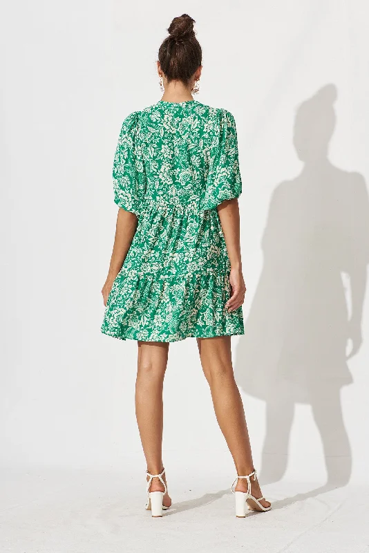 Aine Smock Dress In Green With Cream Floral