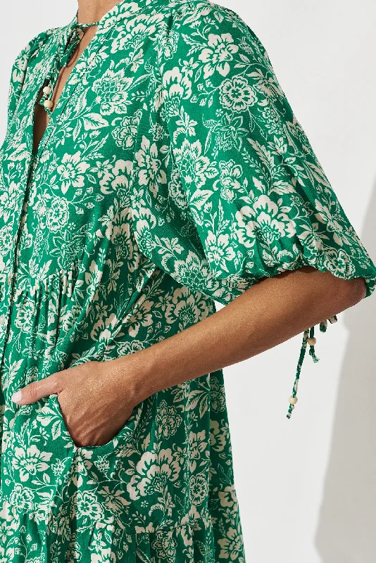 Aine Smock Dress In Green With Cream Floral