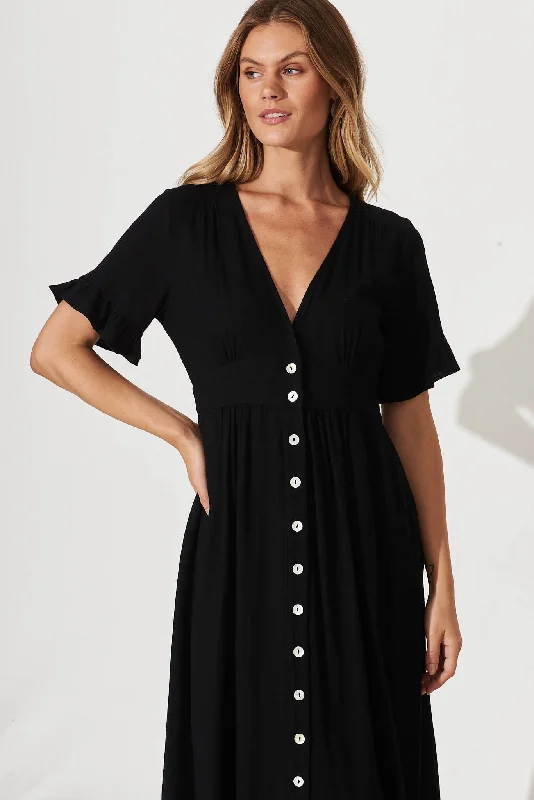 Aire Midi Dress In Black Linen