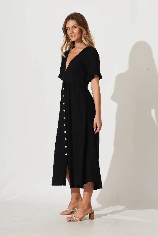 Aire Midi Dress In Black Linen