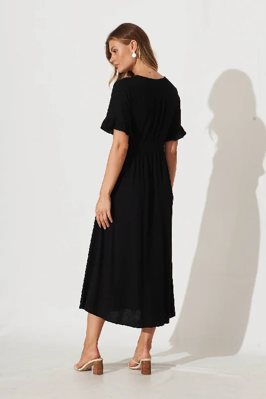 Aire Midi Dress In Black Linen