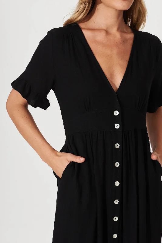 Aire Midi Dress In Black Linen