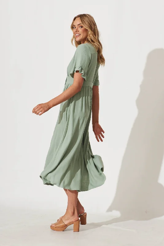 Aire Midi Dress In Sage Green Linen