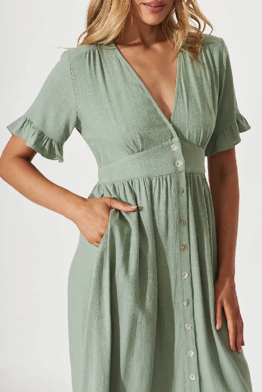 Aire Midi Dress In Sage Green Linen