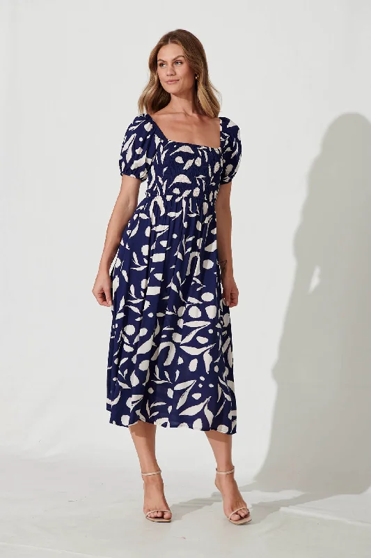 Bayview Midi Dress In Navy With Cream Leaf Print