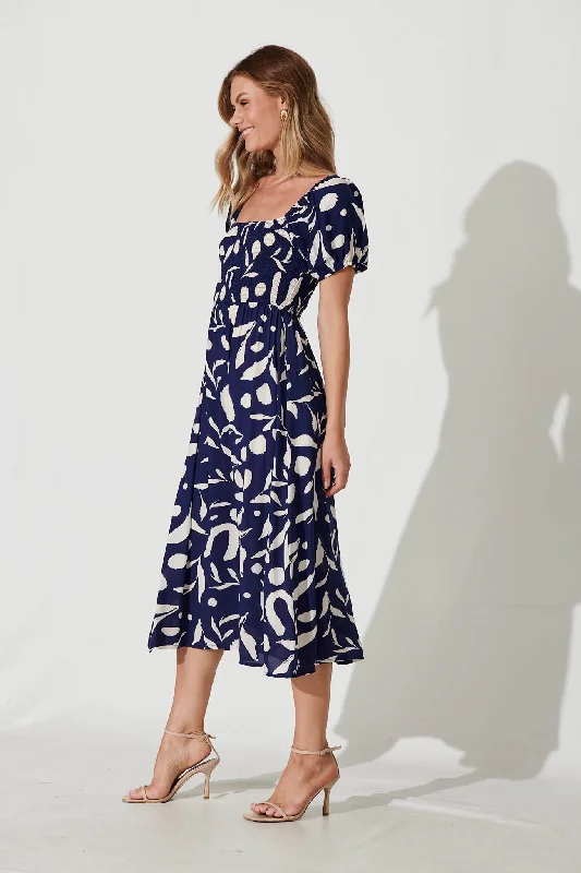 Bayview Midi Dress In Navy With Cream Leaf Print