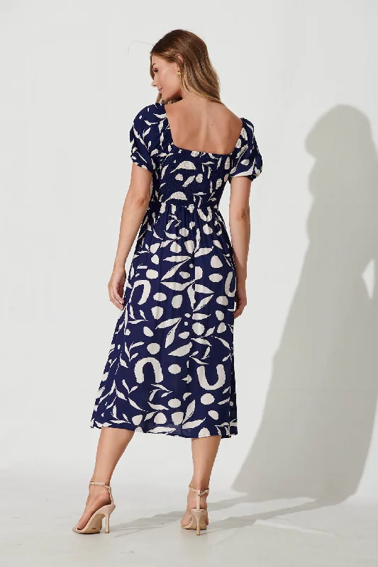 Bayview Midi Dress In Navy With Cream Leaf Print