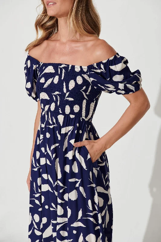 Bayview Midi Dress In Navy With Cream Leaf Print