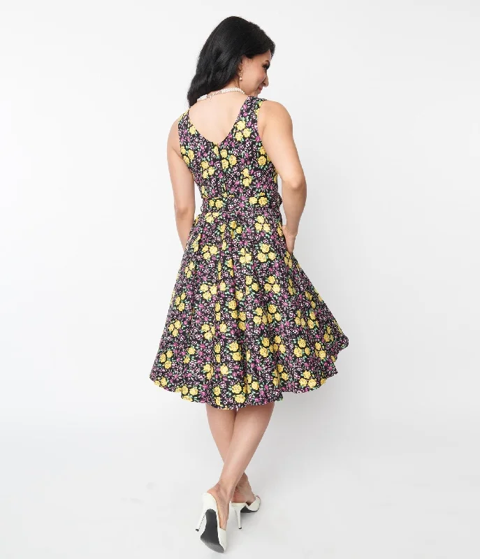 Black Floral Ria Swing Dress