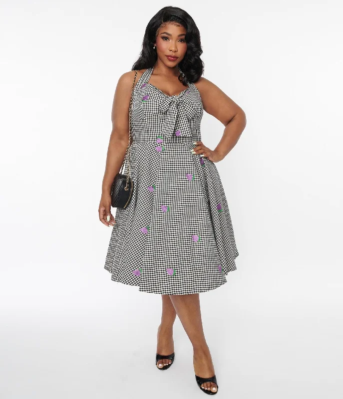 Black & White Gingham Grape Embroidered Halter Swing Dress