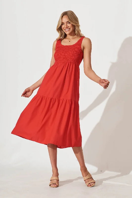 Caribbean Midi Dress In Red Cotton Linen