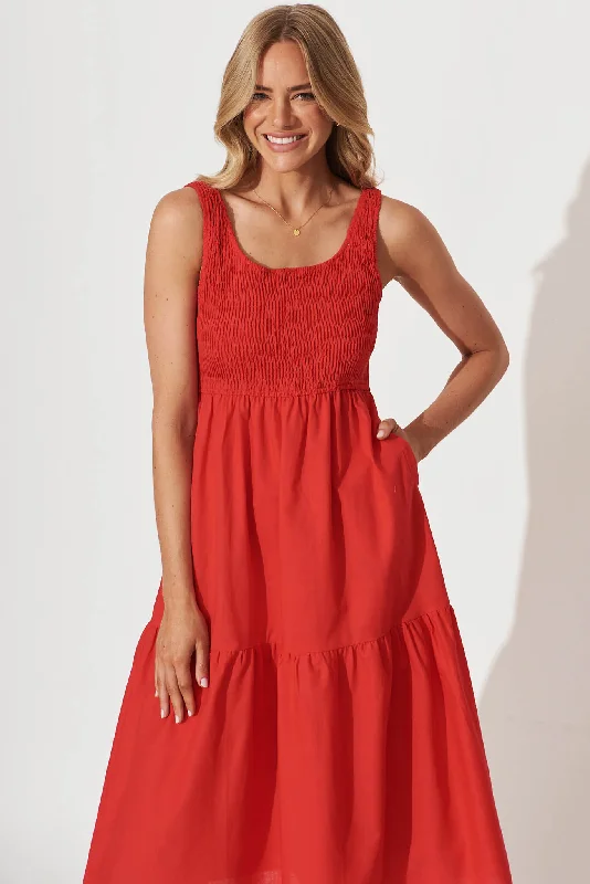 Caribbean Midi Dress In Red Cotton Linen