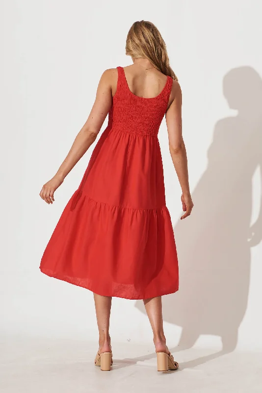 Caribbean Midi Dress In Red Cotton Linen