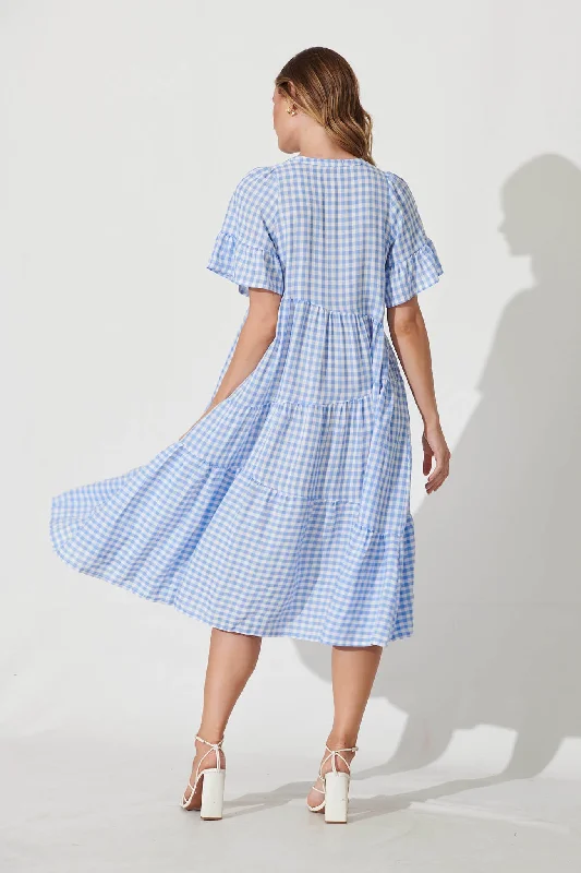 Charliese Midi Dress In Blue And White Gingham Cotton Blend