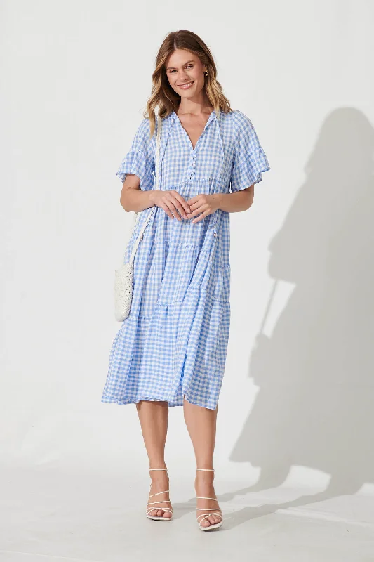 Charliese Midi Dress In Blue And White Gingham Cotton Blend