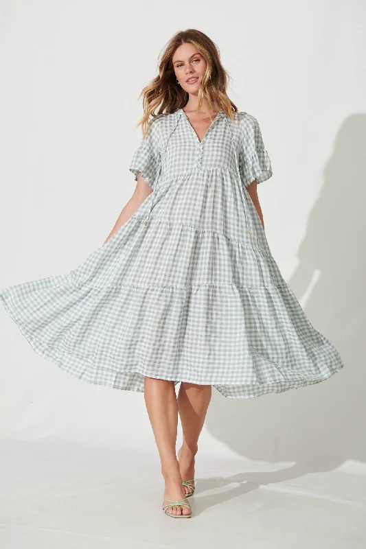 Charliese Midi Dress In Green And White Gingham Cotton Blend