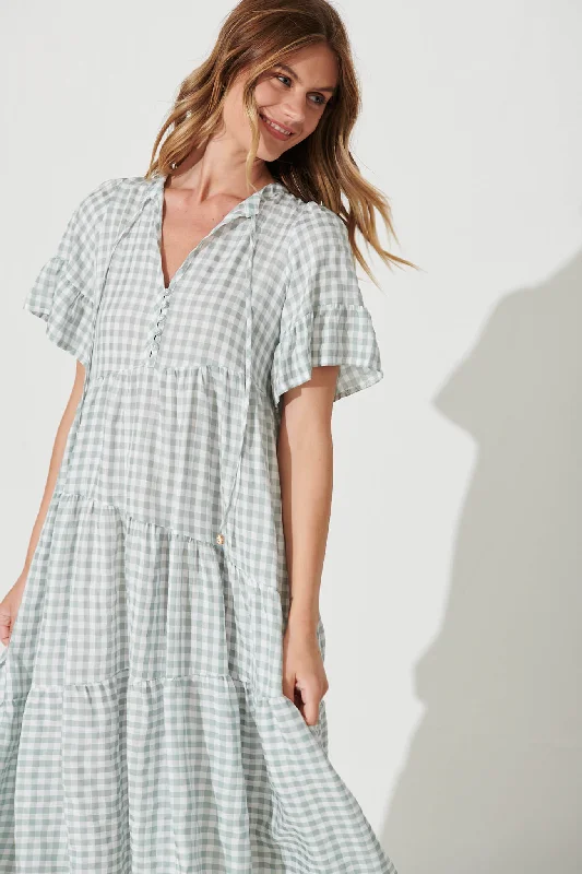 Charliese Midi Dress In Green And White Gingham Cotton Blend