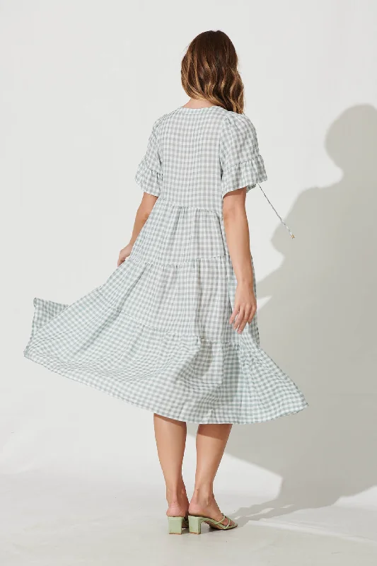 Charliese Midi Dress In Green And White Gingham Cotton Blend