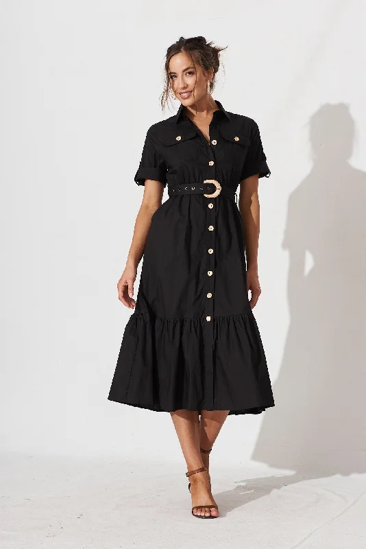 Cornella Midi Shirt Dress In Black Cotton