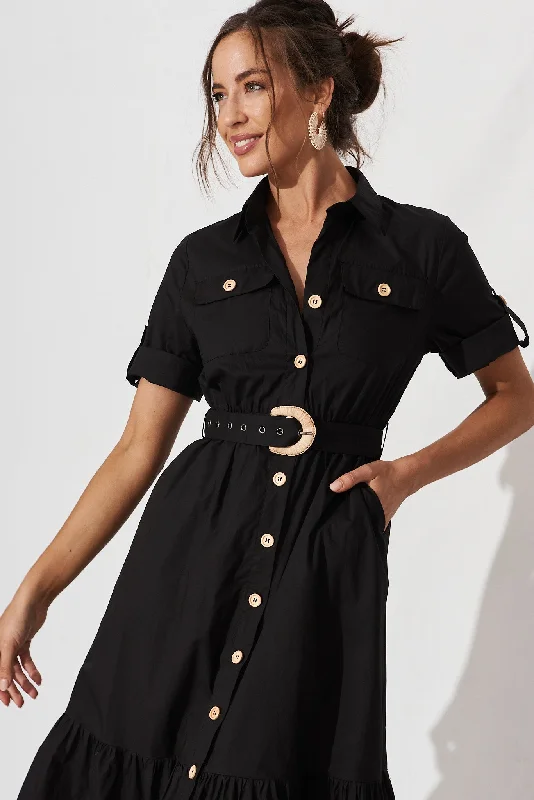 Cornella Midi Shirt Dress In Black Cotton