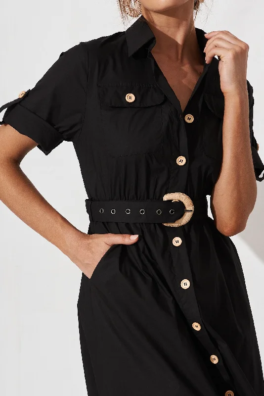 Cornella Midi Shirt Dress In Black Cotton