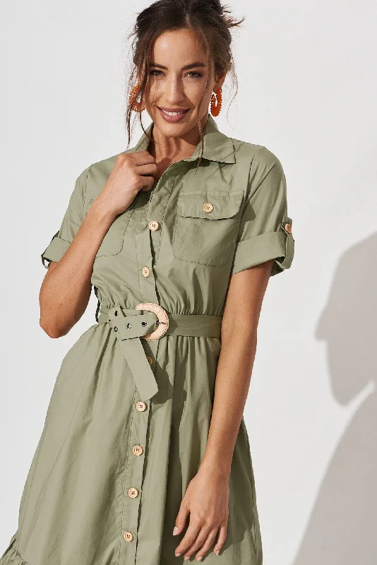 Cornella Midi Shirt Dress In Khaki Cotton