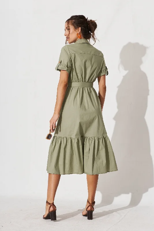 Cornella Midi Shirt Dress In Khaki Cotton