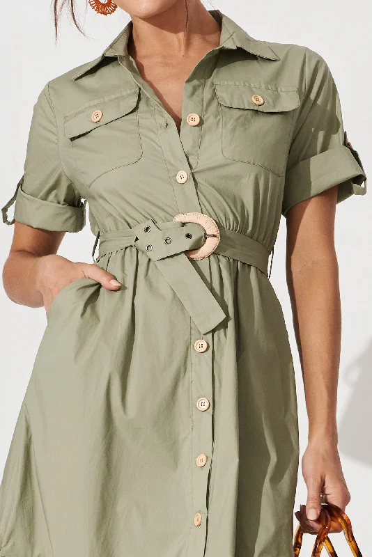 Cornella Midi Shirt Dress In Khaki Cotton