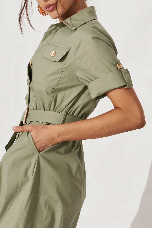 Cornella Midi Shirt Dress In Khaki Cotton