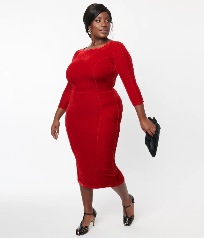 Unique Vintage Plus Size Red Velvet Sleeved Mod Wiggle Dress