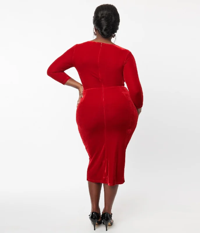 Unique Vintage Plus Size Red Velvet Sleeved Mod Wiggle Dress