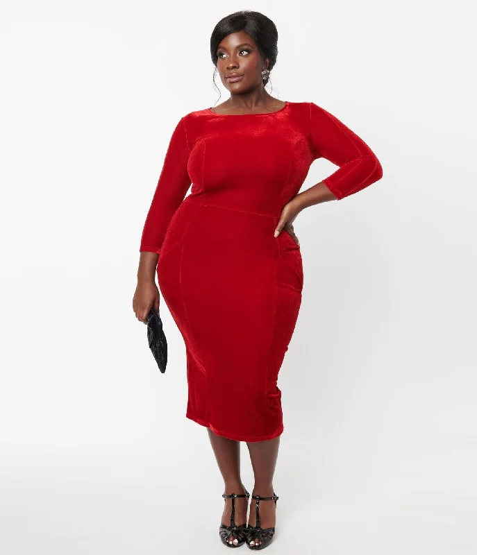 Unique Vintage Plus Size Red Velvet Sleeved Mod Wiggle Dress