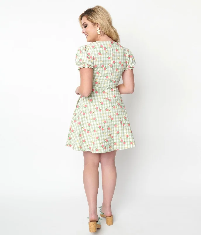 Unique Vintage 1940s Light Green Gingham & Peaches Flare Dress