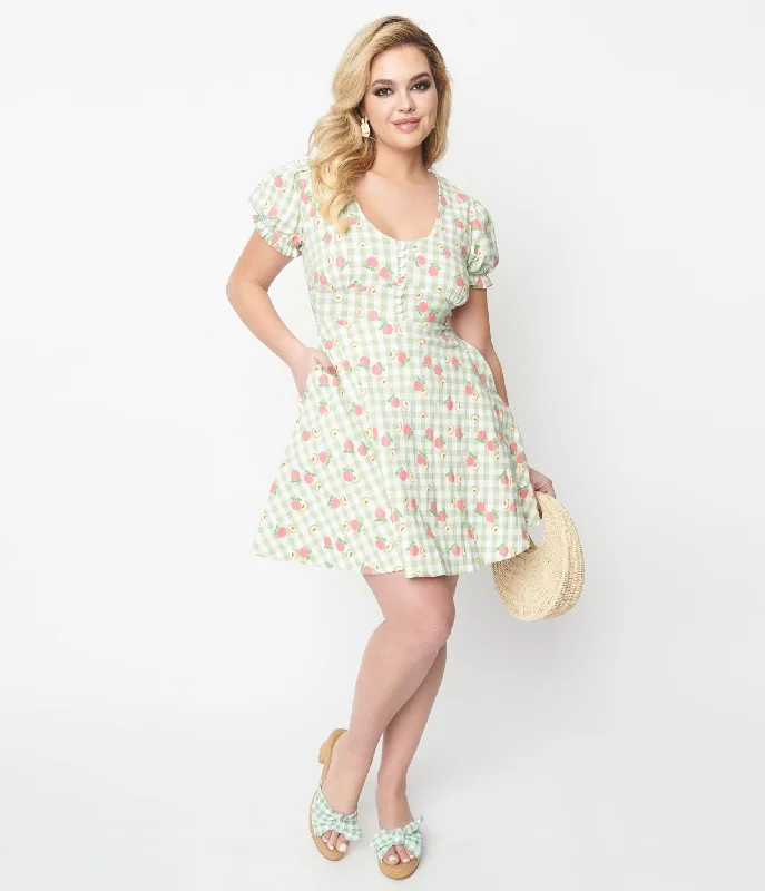 Unique Vintage 1940s Light Green Gingham & Peaches Flare Dress