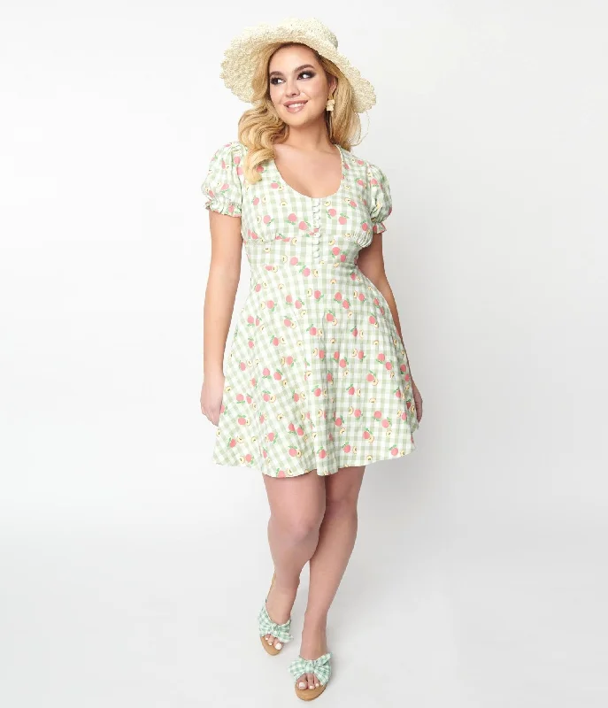 Unique Vintage 1940s Light Green Gingham & Peaches Flare Dress