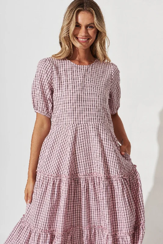 Ellalong Midi Dress In Pink With Black Check