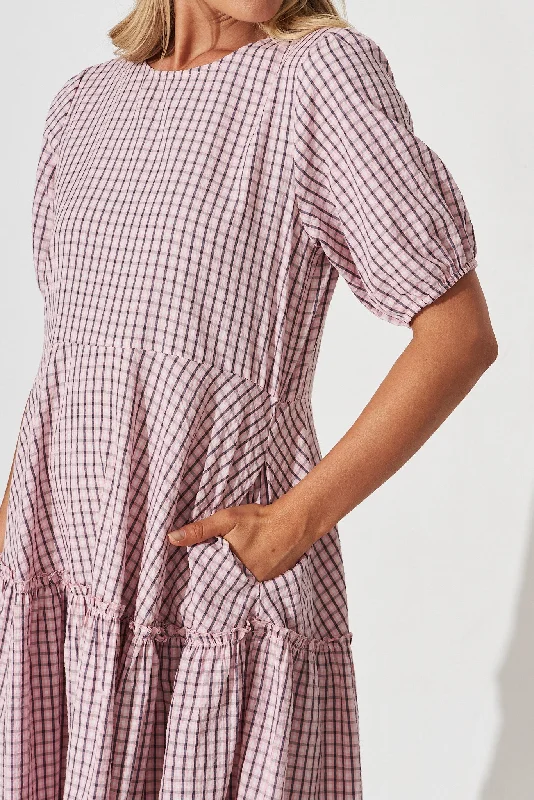 Ellalong Midi Dress In Pink With Black Check