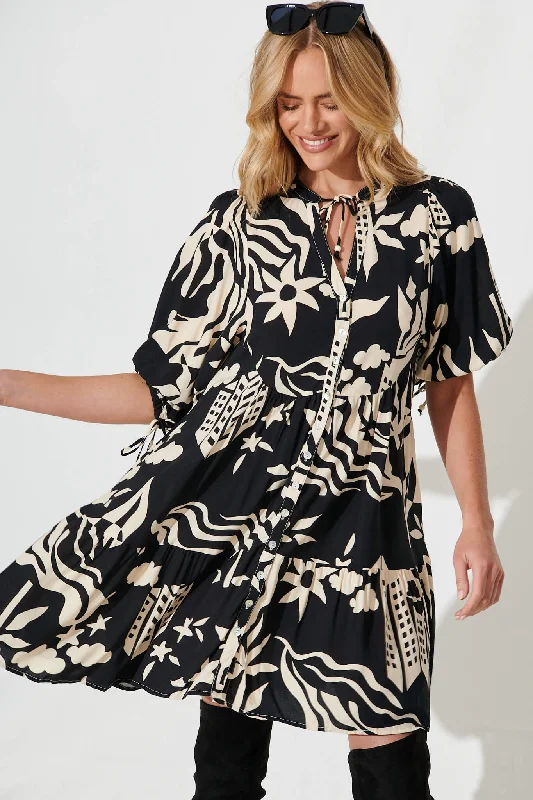 Emelyn Smock Dress In Black And Cream Print