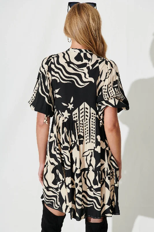 Emelyn Smock Dress In Black And Cream Print