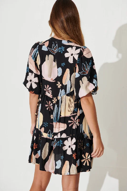 Emelyn Smock Dress In Black With Multi Print