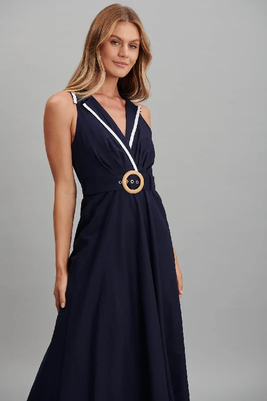 Enchanter Midi Dress In Navy Linen Cotton