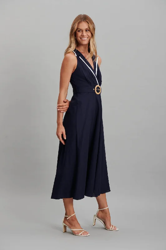 Enchanter Midi Dress In Navy Linen Cotton