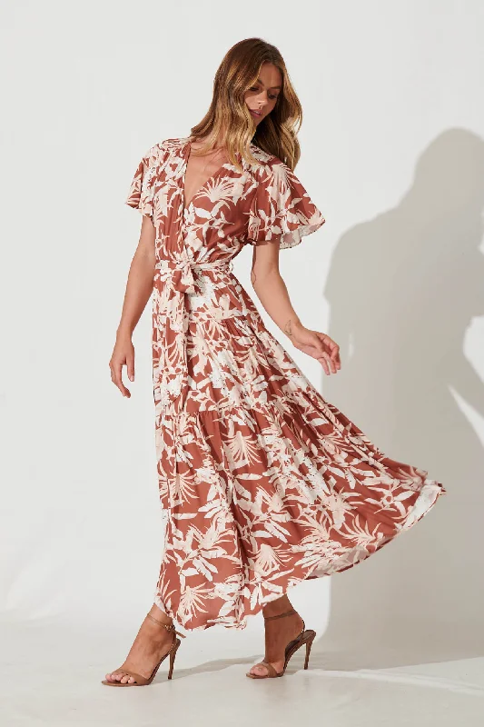 Heidi Maxi Dress In Rust Leaf Print