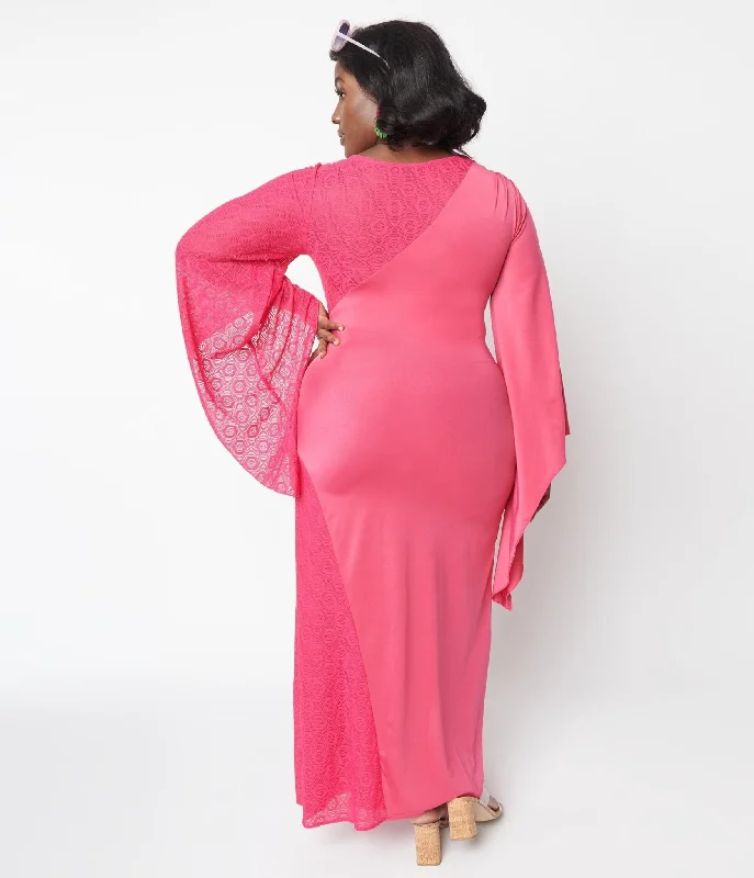 1970s Hot Pink Lace Maxi Dress